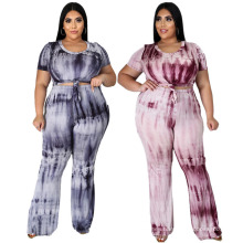 Hot Selling Fall Women Casual Two Piece Set Short Sleeve Plus Size Women Clothing Tie-Dye Tracksuit Two Pieces Set